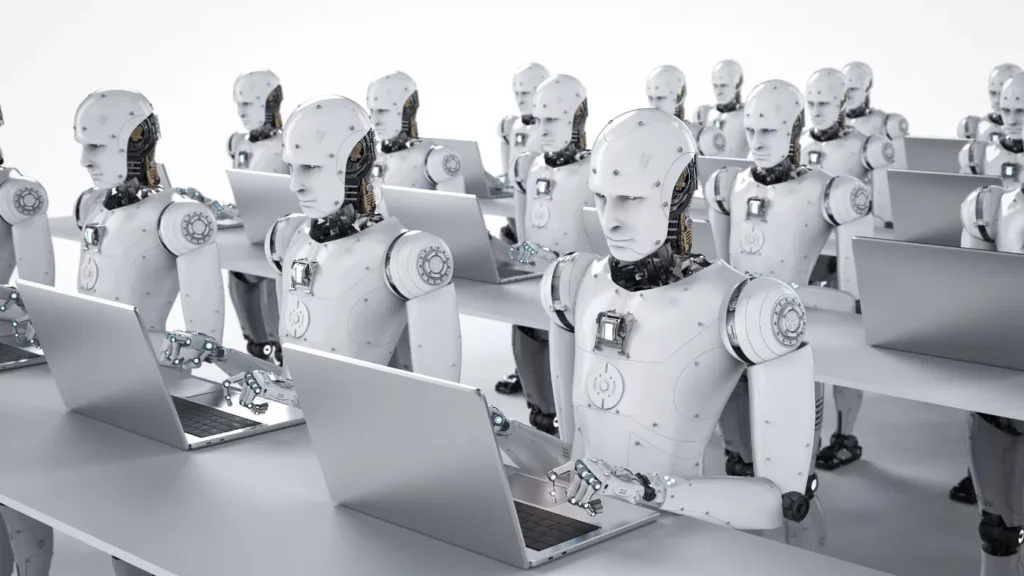 AI robots writing content on laptops