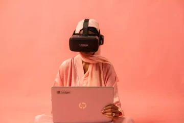 AI hype: woman using VR headset wit a computer